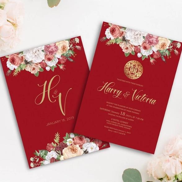 Burgundy Wine Blossom Wedding Card Bilingual Wedding Card