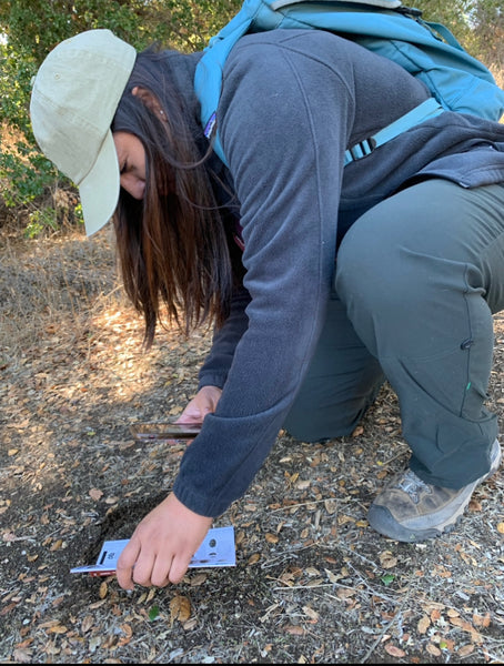 Trail Team member Talisa bent over on a knee looking at her field work notebook. 