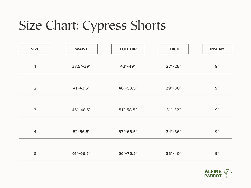 Cypress Shorts Size Chart