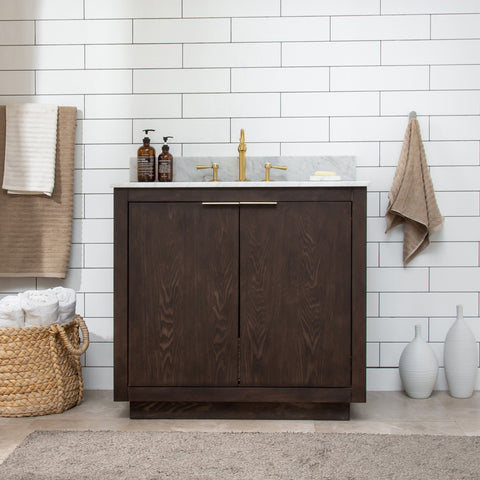 Brady 36" Mid-century Vanity Set with White Italian Carrara Marble Top - Brown Oak