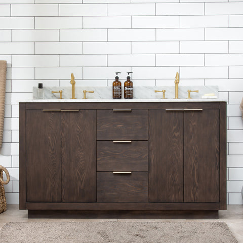 Brady 60" Mid-century Vanity Set with Carrara White Quartz Top - Brown Oak