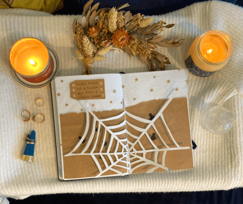 Cobweb halloween spread in dot grid journal