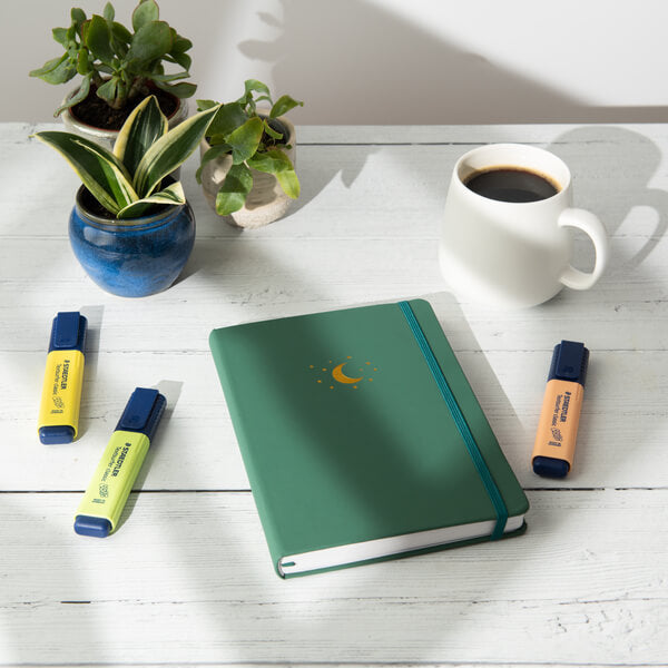 green journal on a white desk surrounded by highlighters, a coffee and a plant