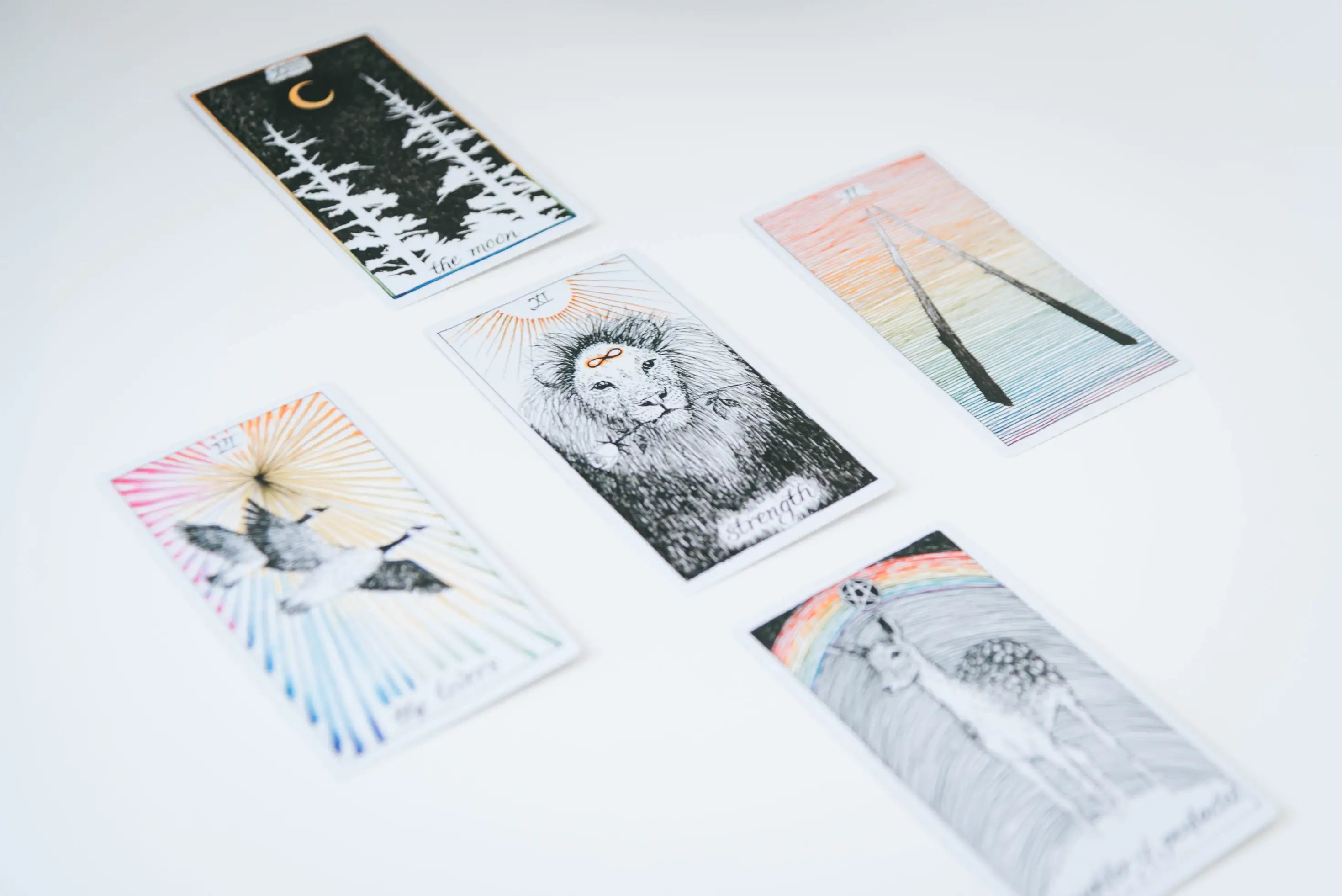 5 tarot cards with hand drawn designs