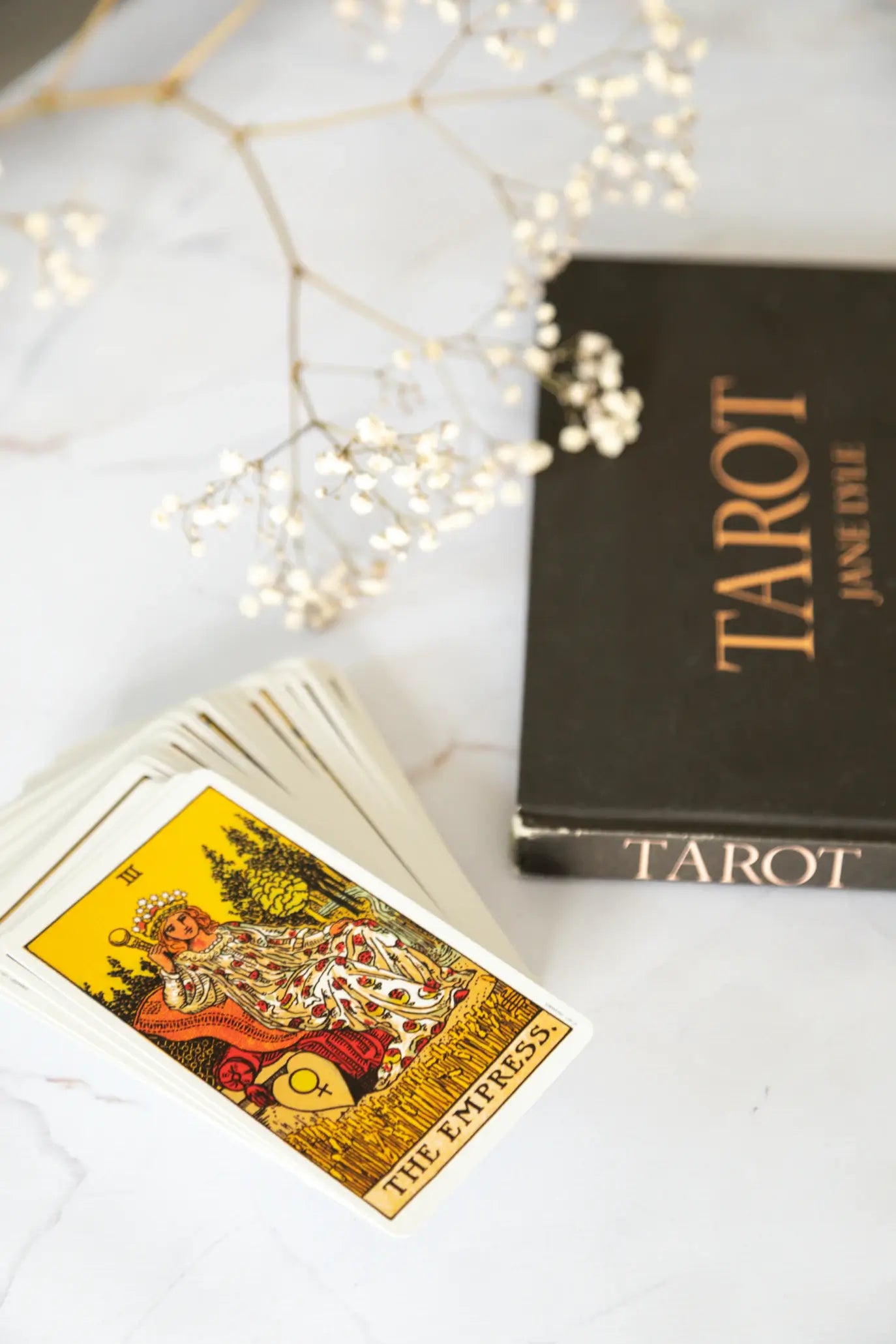 A close up stack of tarot cards, with a tarot book in the background