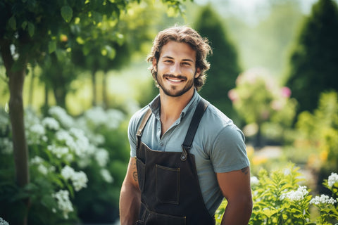 smiling guy with apron in garden
