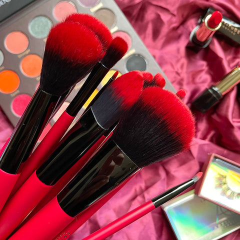 red and black make-up brushes, 12 piece make-up brush set 