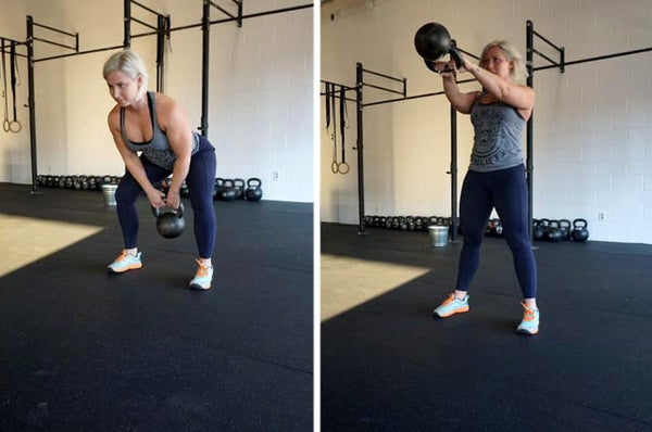 A woman performs some kettlebell swings
