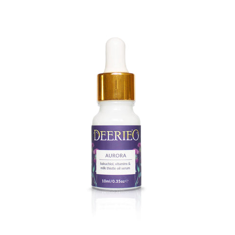 Deerieo Aurora face serum with bakuchiol, vitamin C, coenzyme q10 and plant extracts in a glass dropper bottle.