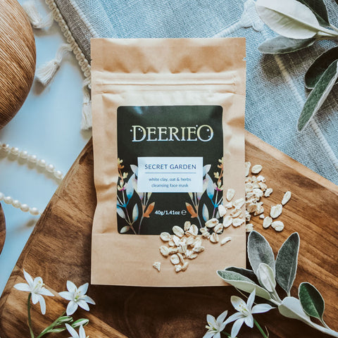 Deerieo Secret Garden discovery / travel size face mask with white clay and soothing herbs in a biodegradable kraft pouch.