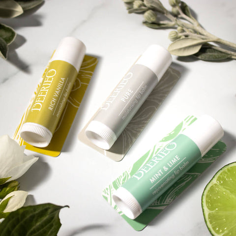 Deerieo vegan natural lip balms help combat dry, chapped skin, and nourish, soften and protect your lips. 