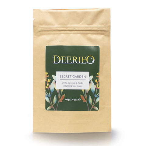 Deerieo Natural Skincare Secret Garden exfoliating face mask with white clay, herbs, aloe vera and green tea to smooth and refresh your skin.