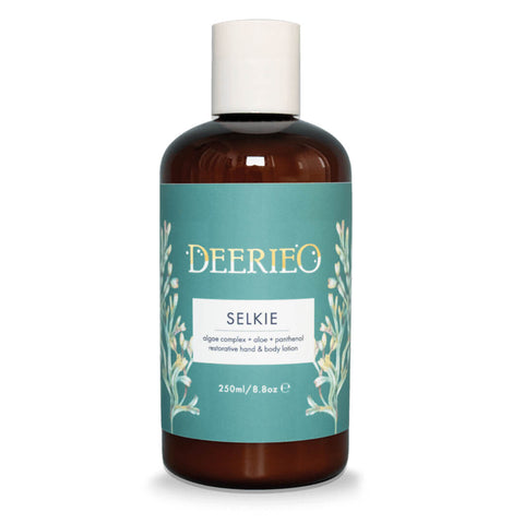 Deerieo Natural Skincare Selkie Hand and Body Lotion with seaweed, panthenol and aloe vera for dry and sensitive skin.