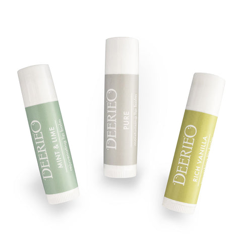 Deerieo Natural Skincare vegan lip balms with natural butters and zinc to protect your lips in all weather.
