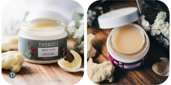 Deerieo Berry Clean and the Veil nourishing cleansing balms in glass jars.