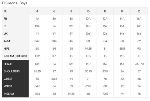 CK Size Chart – Mia Bella Designer Childrenswear