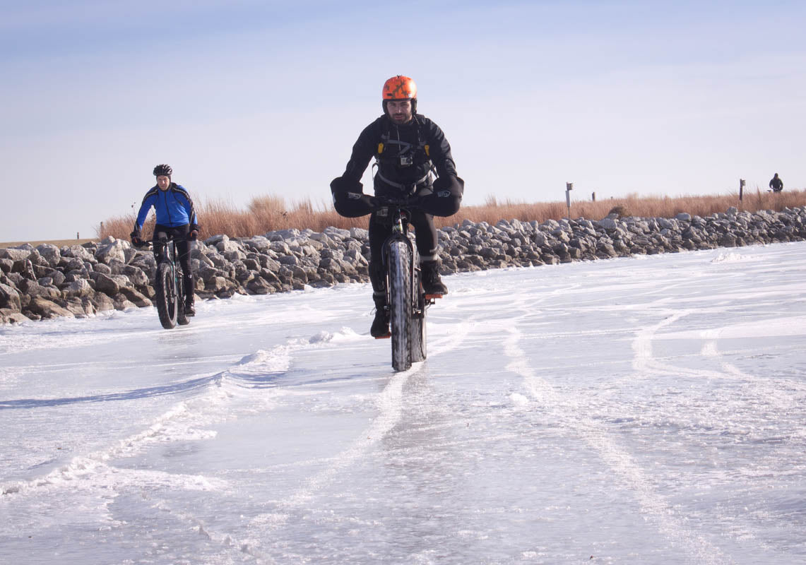 Fat bike studded tires make easy work of frozen Lake Michigan