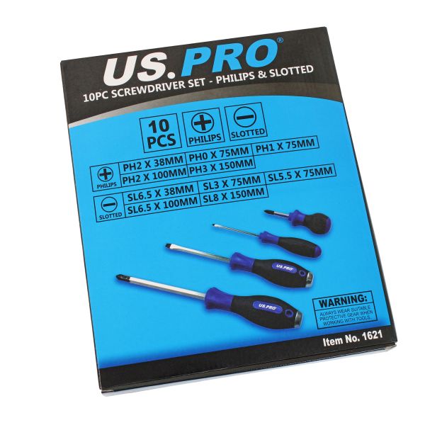 US Pro 10 Piece Screwdriver Set Phillips and Slotted Magnetic Tip flat cross