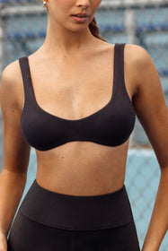 Flow Y Wrap Front High Neck Bra (8, Black) paired with Brown Earth