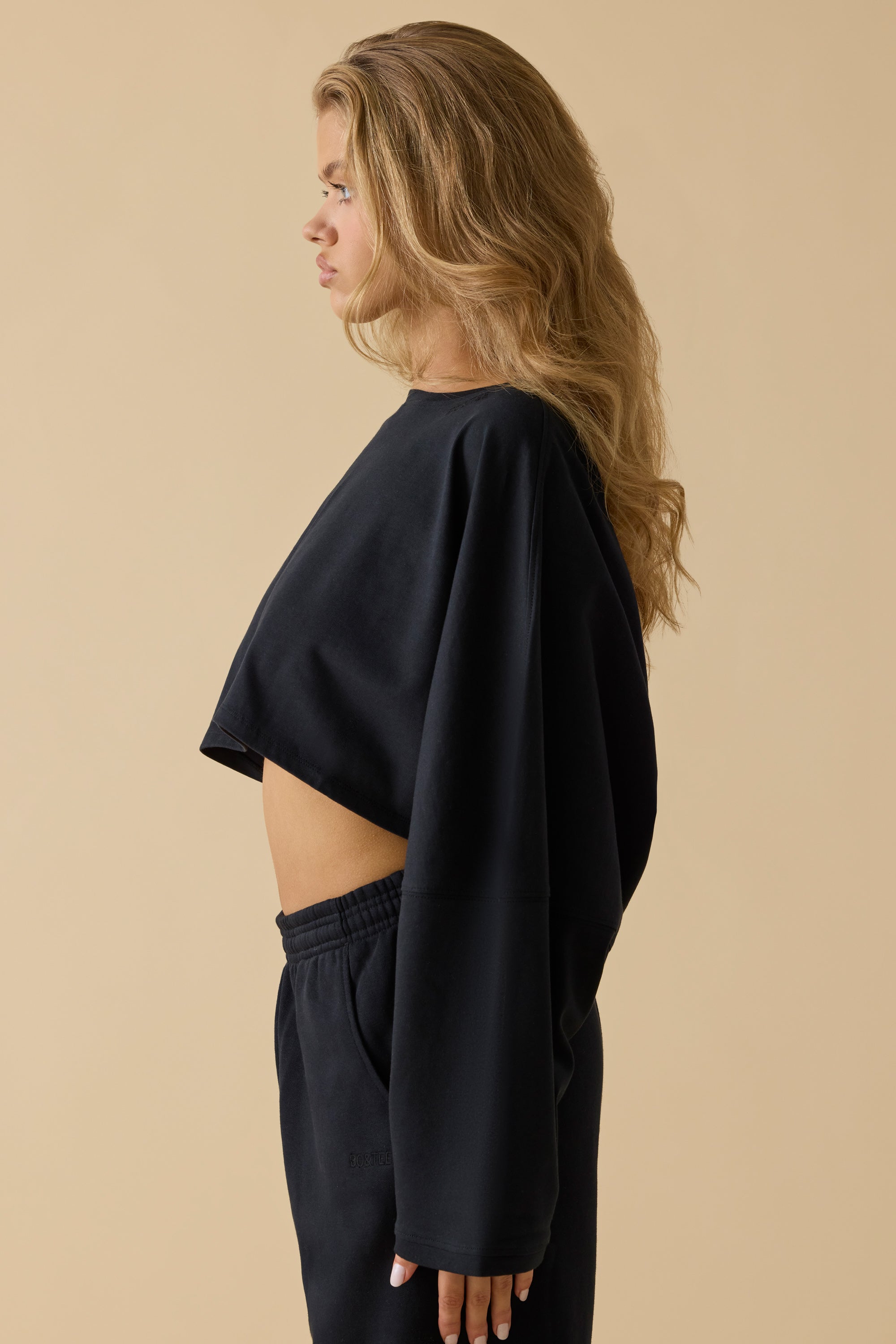 Day Off - Oversized Long Sleeve Crop Top in Black