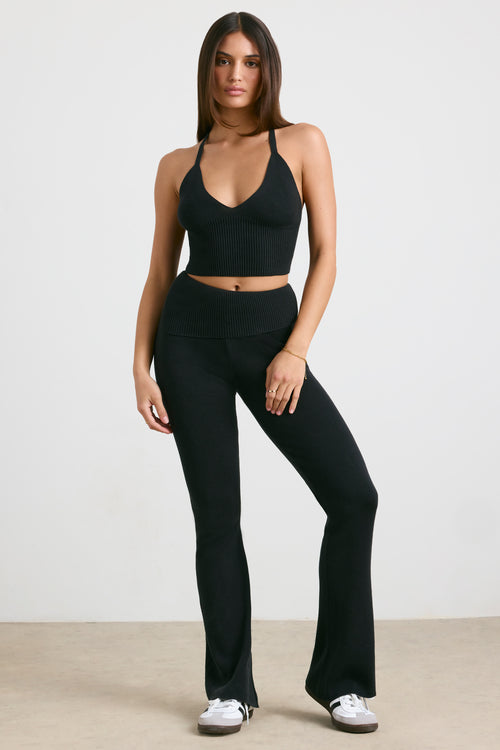 Muse Petite Chunky Knit Kick Flare Trousers in Black