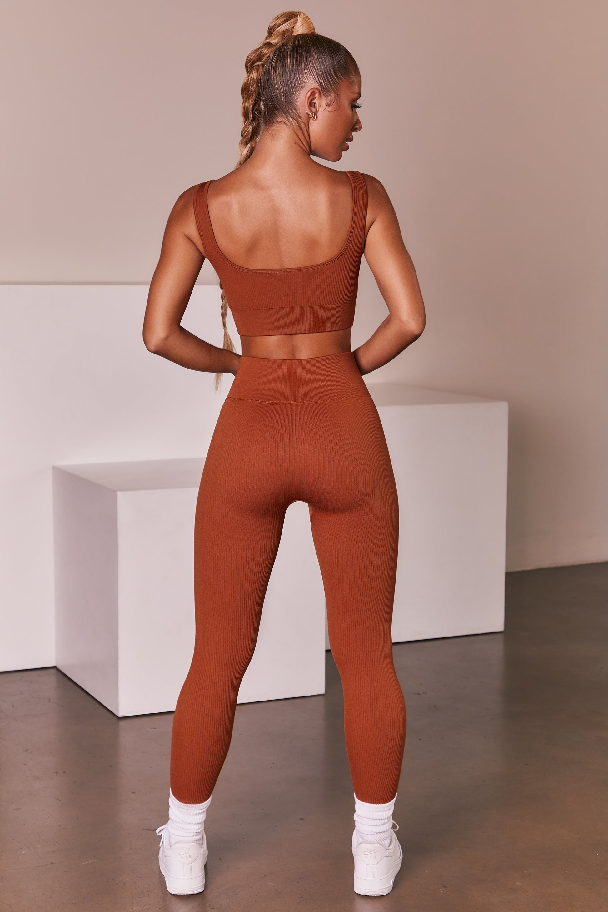 Back In Gear Ribbed Full Length Leggings in Light Brown