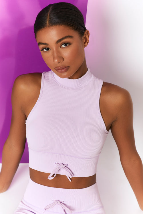 Incline Seamless High Neckline Cross Back Crop Top in Purple