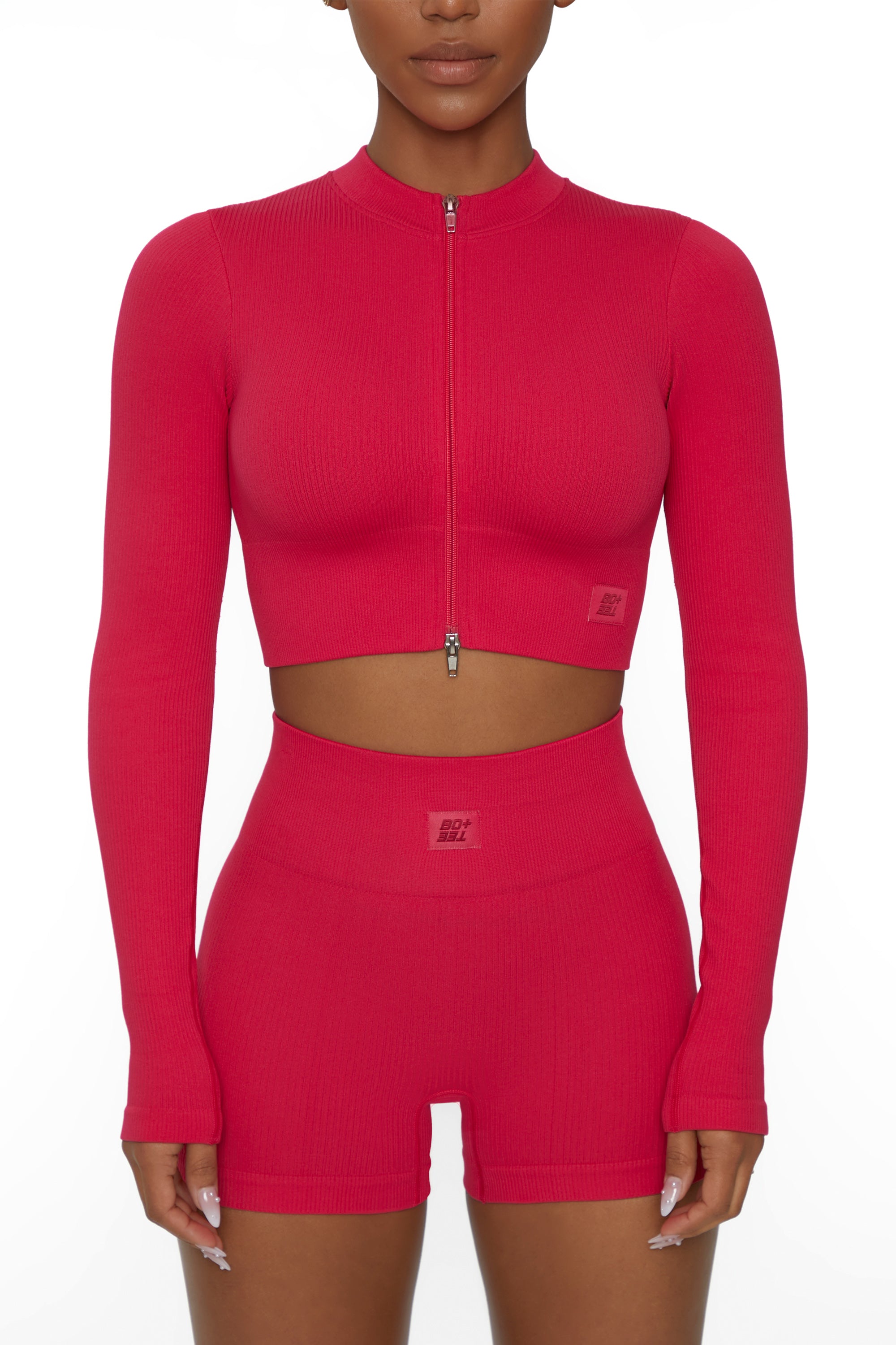 All The Way - Long Sleeve Zip Crop Top in Hot Pink