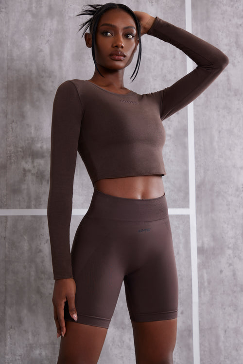 In Control Petite High Waist Cross Over Ribbed Leggings in Brown