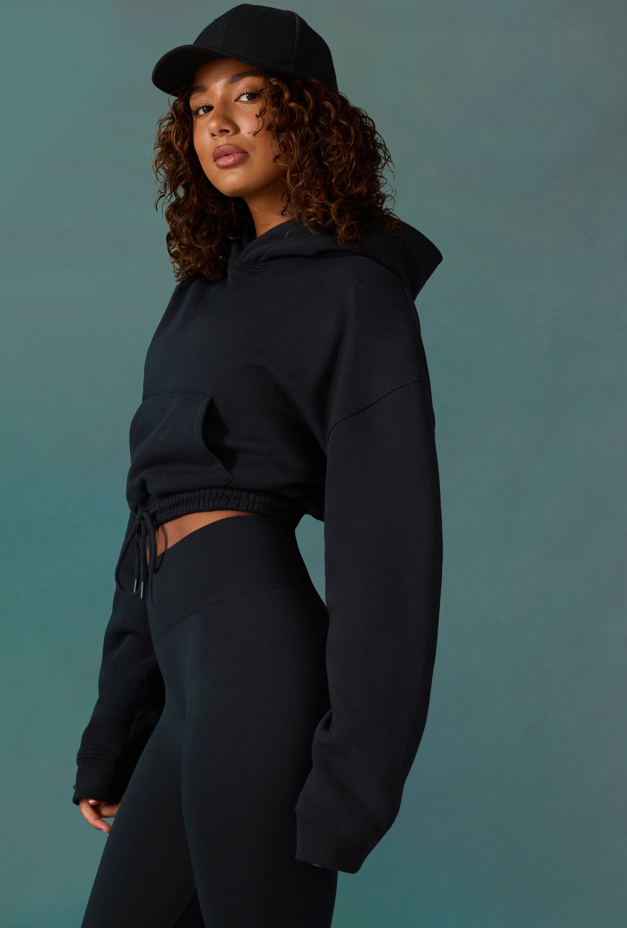 Progress - Cropped Drawstring Hooded Sweatshirt in Black