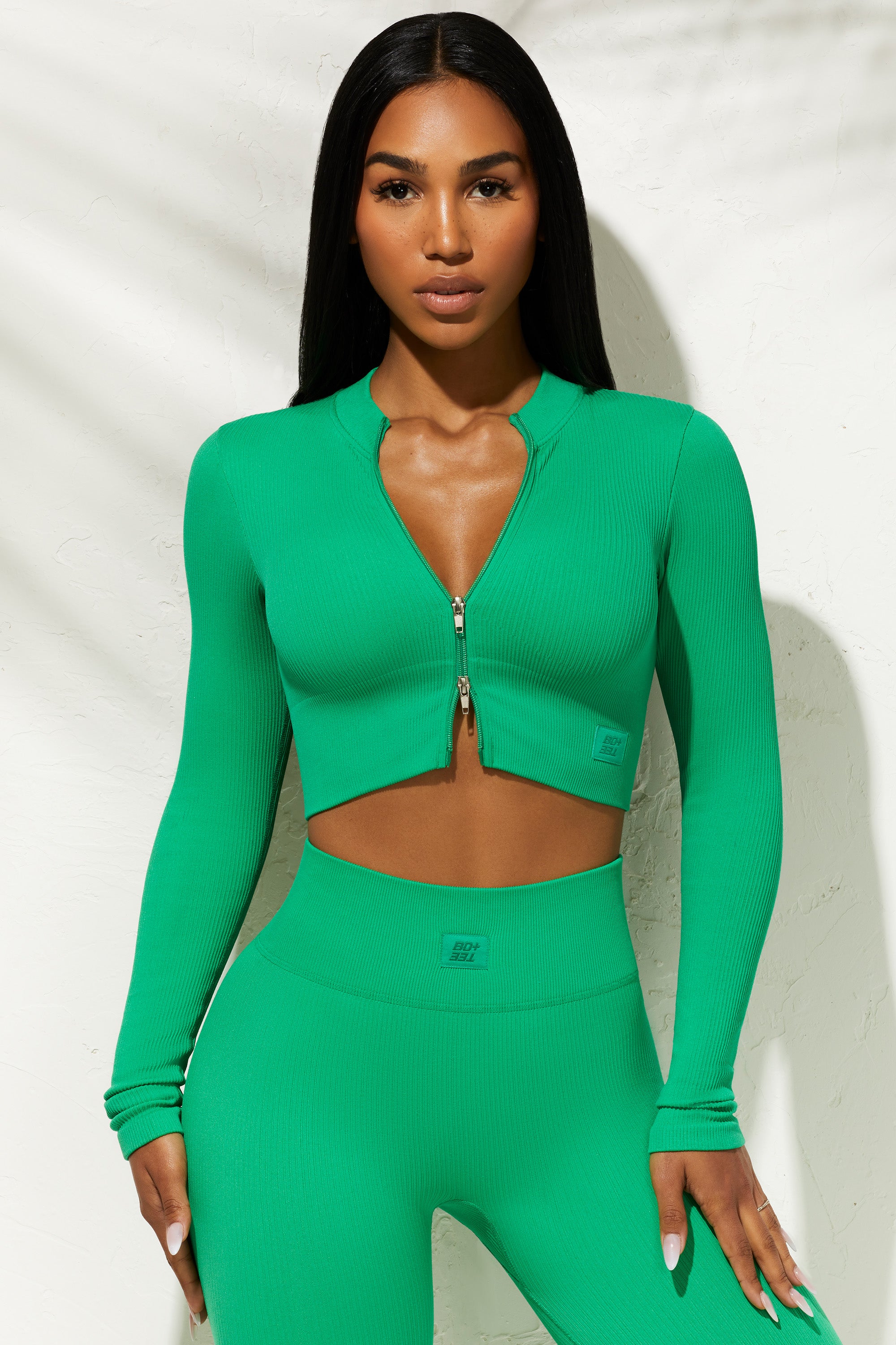 All The Way Long Sleeve Zip Crop Top in Green | Bo+Tee