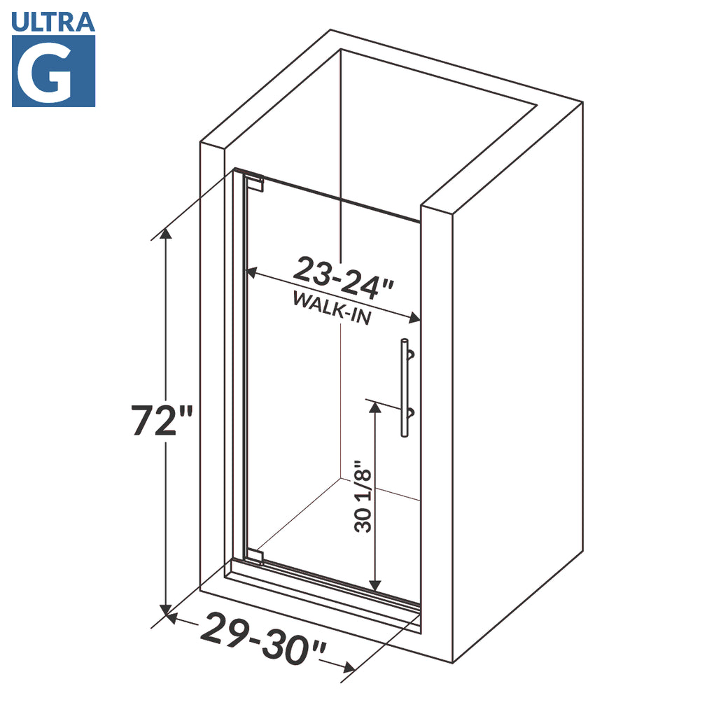 Pivot Swing-Out Shower Door 29-30W 72H Ultra G Brushed Nickel