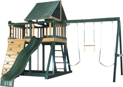 wooden swing set with slide and climbing wall