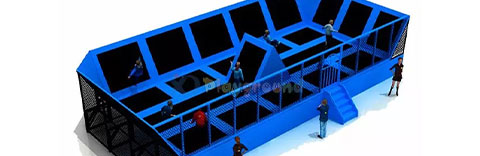 gigantic black blue trampoline with safety net