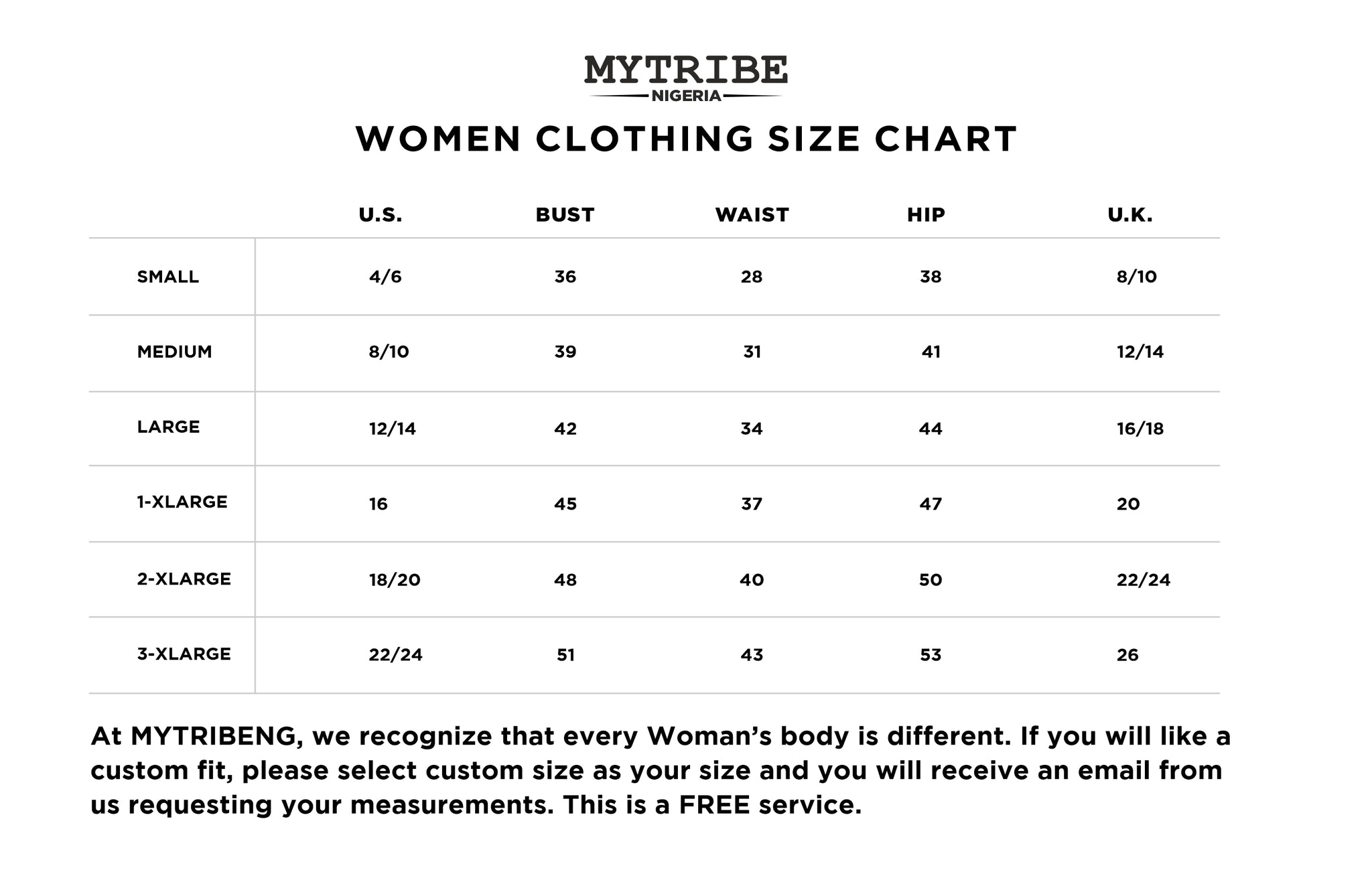 Size Chart - Women Clothing Size Chart - Shop Mytribeng – MYTRIBENG