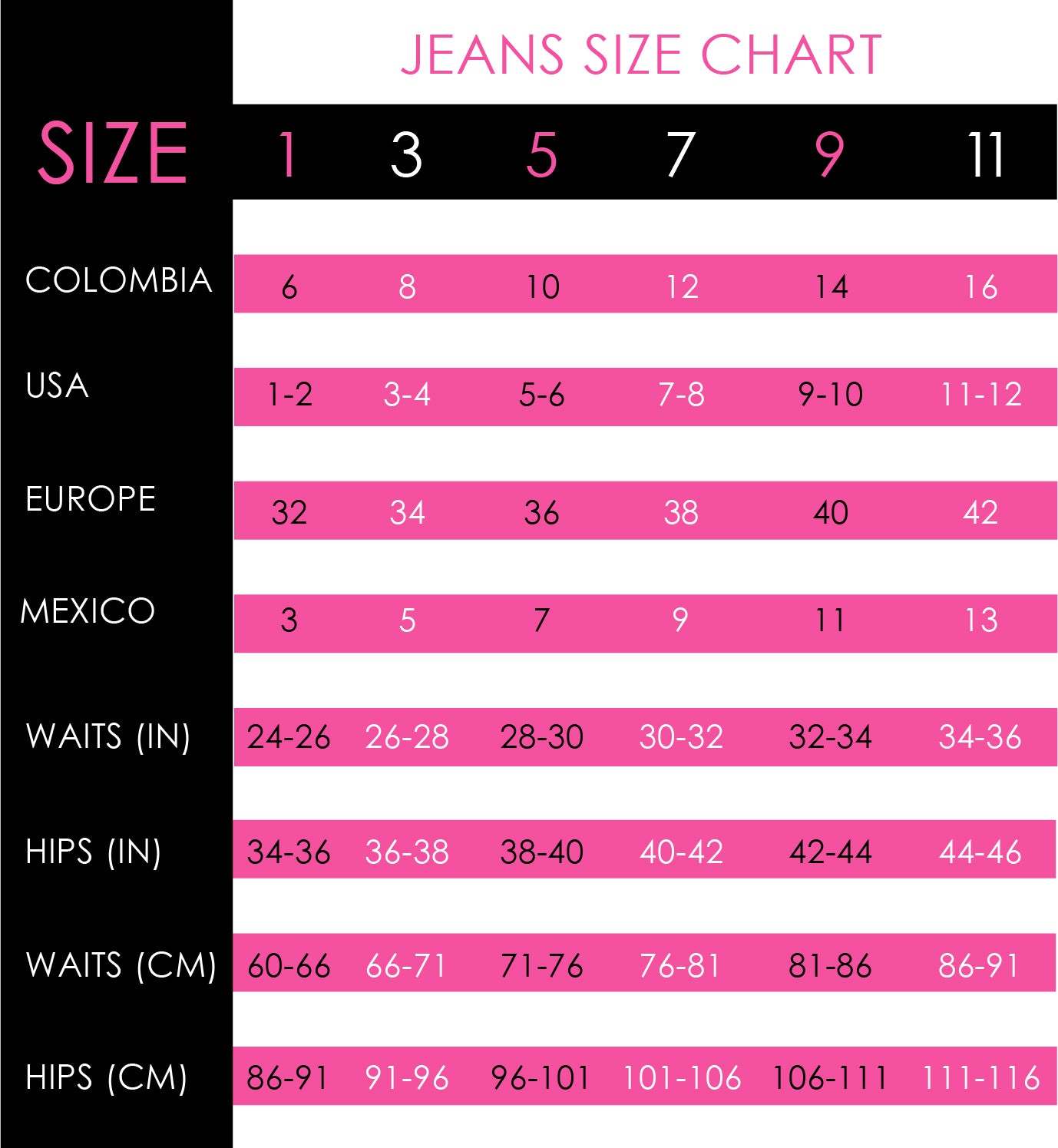 colombian jeans size chart