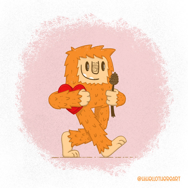cute drawing of a Bigfoot ready for Valentine's Day.