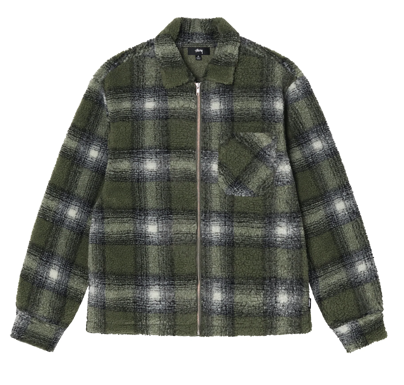 Stussy Shadow Plaid Sherpa Zip Shirt - Olive – ninetimesskateshop