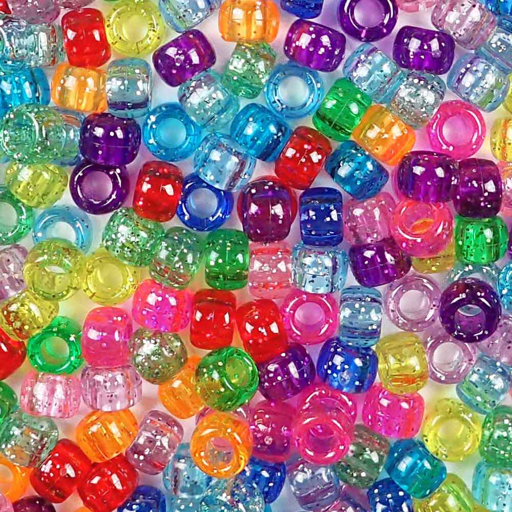 Rainbow Glitter Multicolor Mix Plastic Pony Beads 6 x 9mm, 150 beads