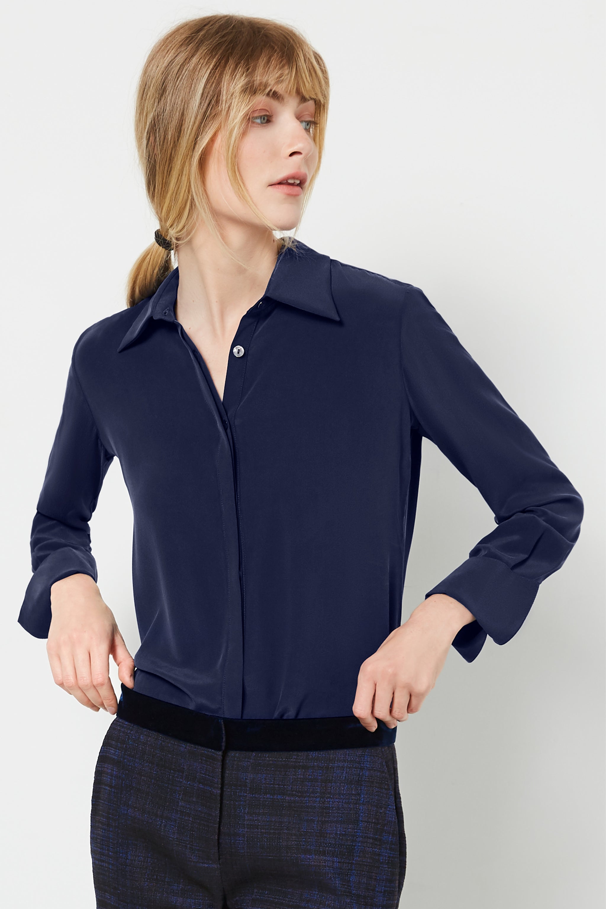 navy blue silk shirt womens