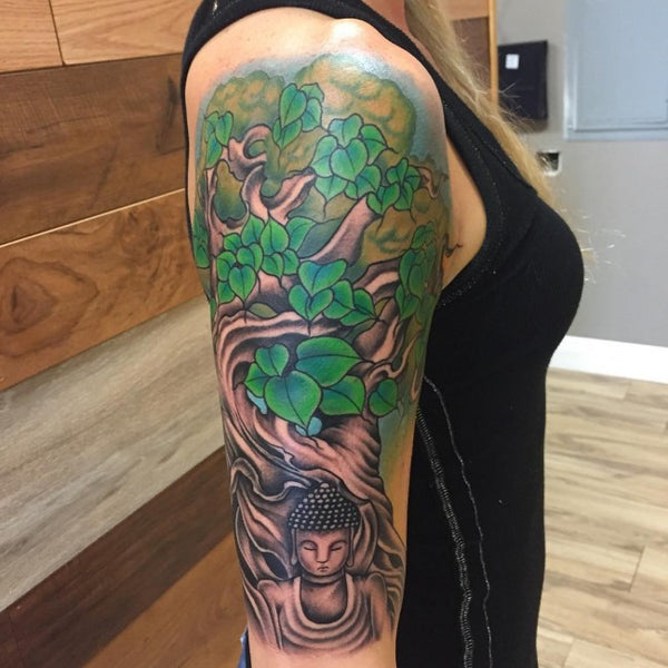 tatouage bouddha feuille épaule