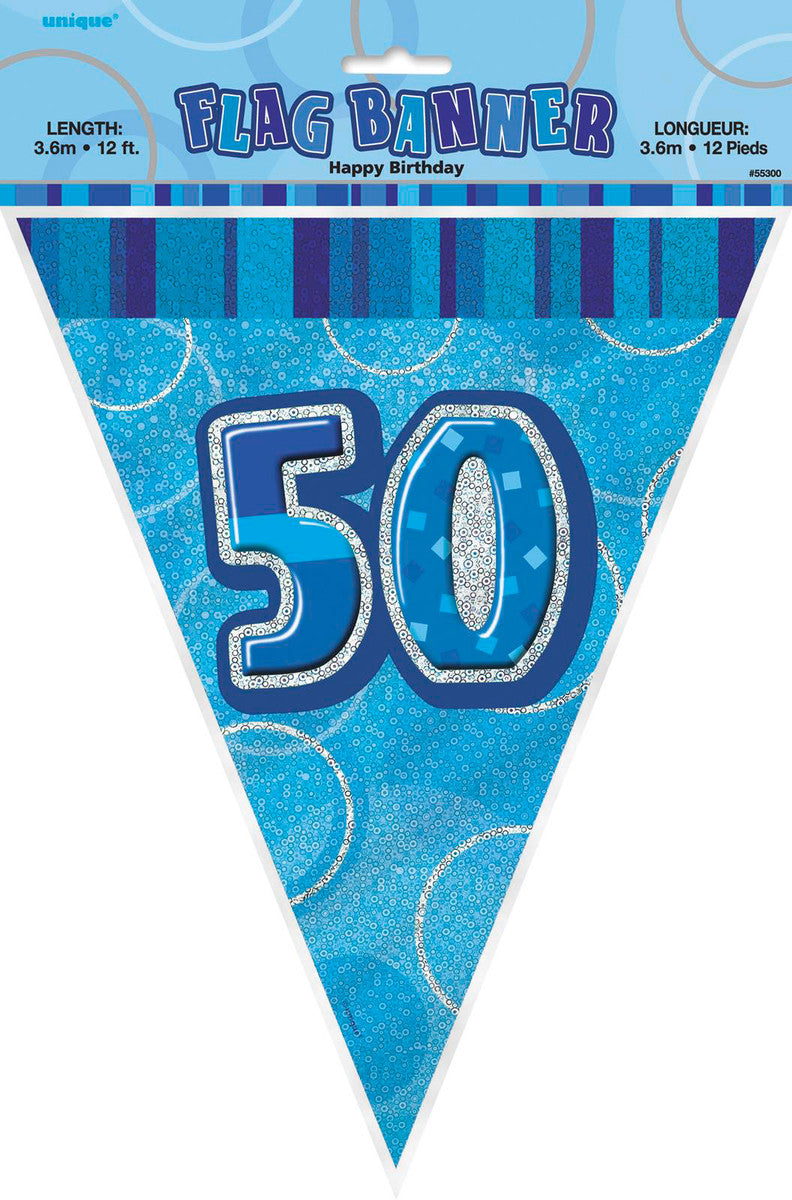 Glitz Blue 50th Happy Birthday Flag Banner – The Party Superstore