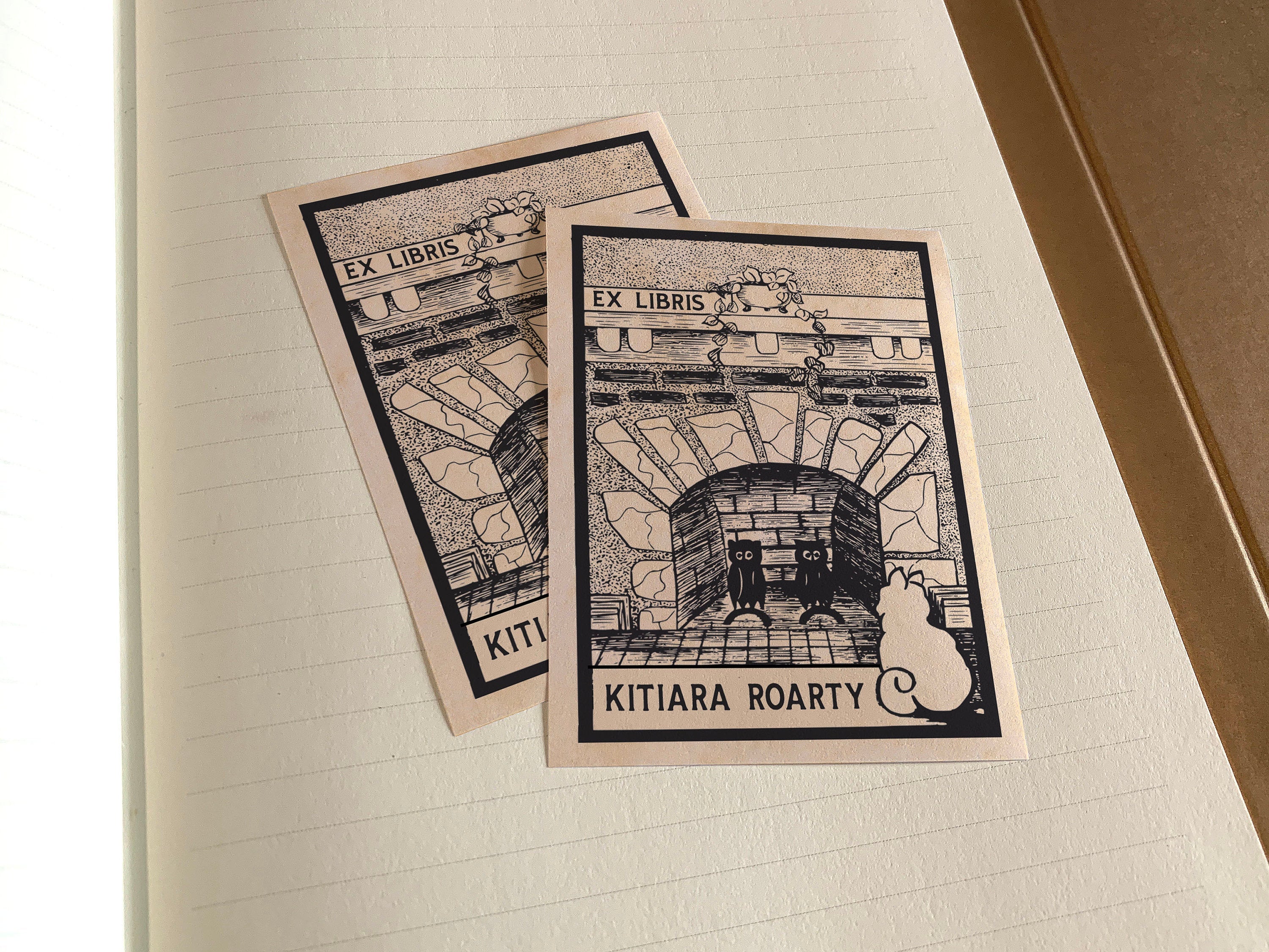 Cat and Fireplace, Personalized Ex-Libris Bookplates, Crafted on Traditional Gummed Paper, 3in x 4in, Set of 30
