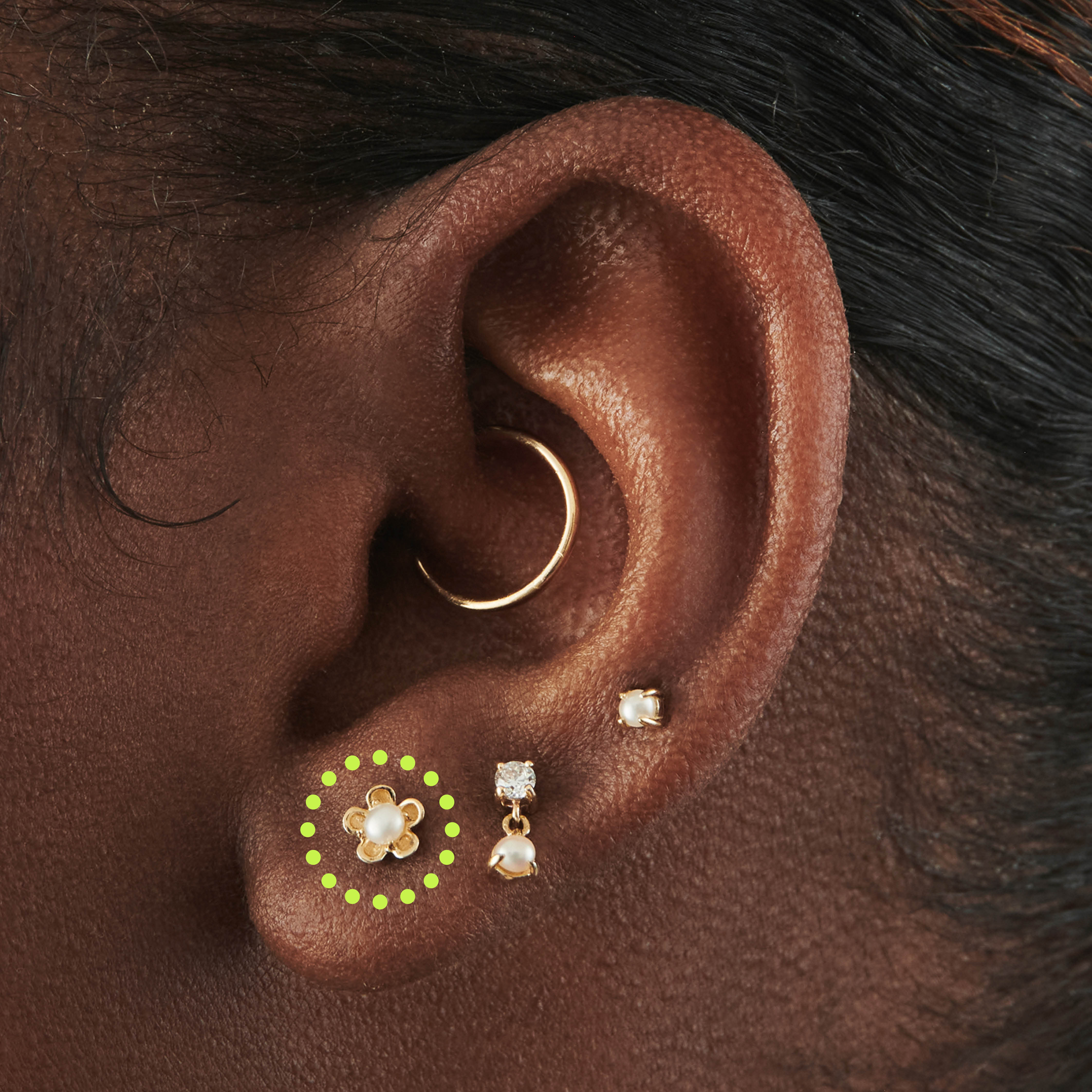 An image of an ear with the first lobe piercing circled.