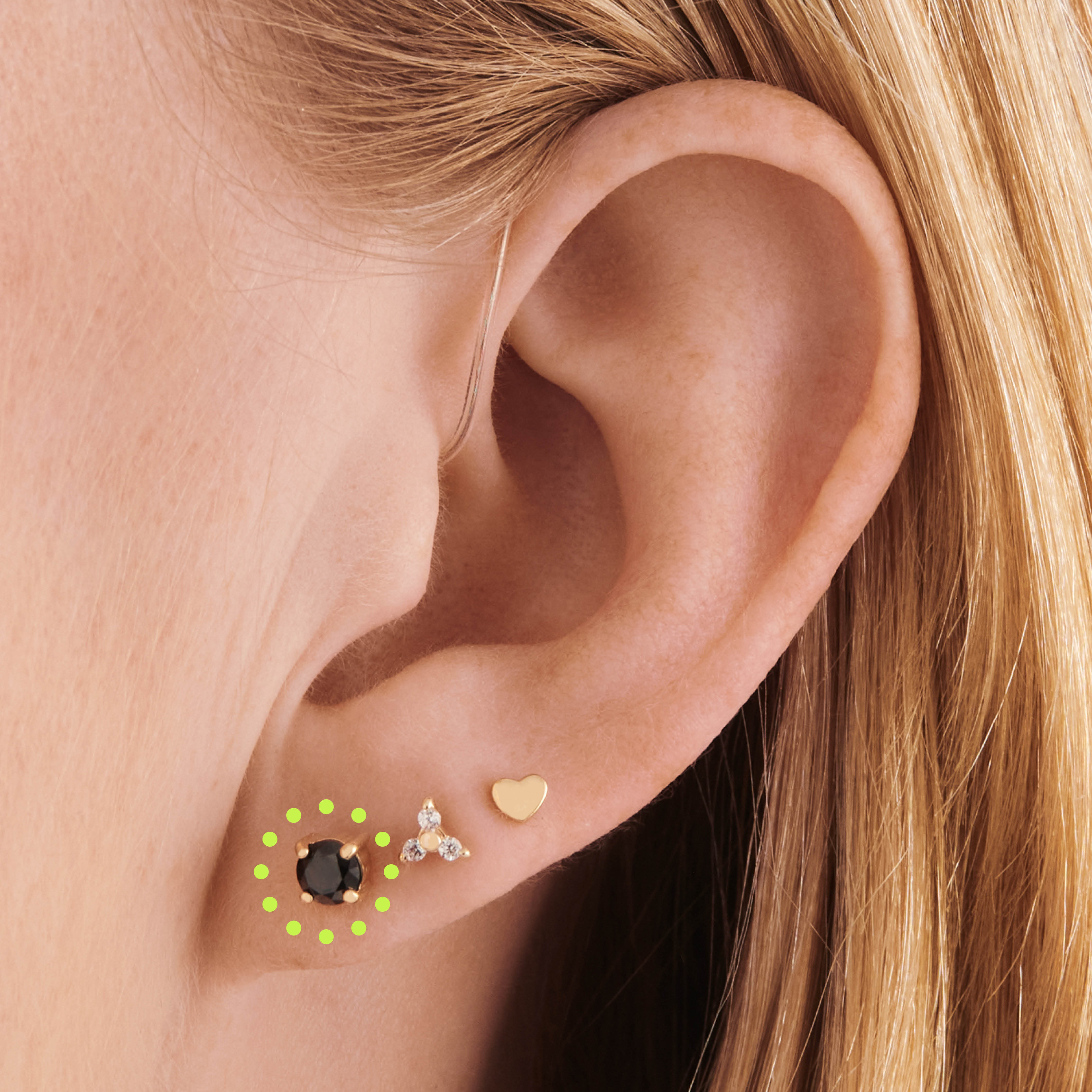 An image of an ear with the first lobe piercing circled.