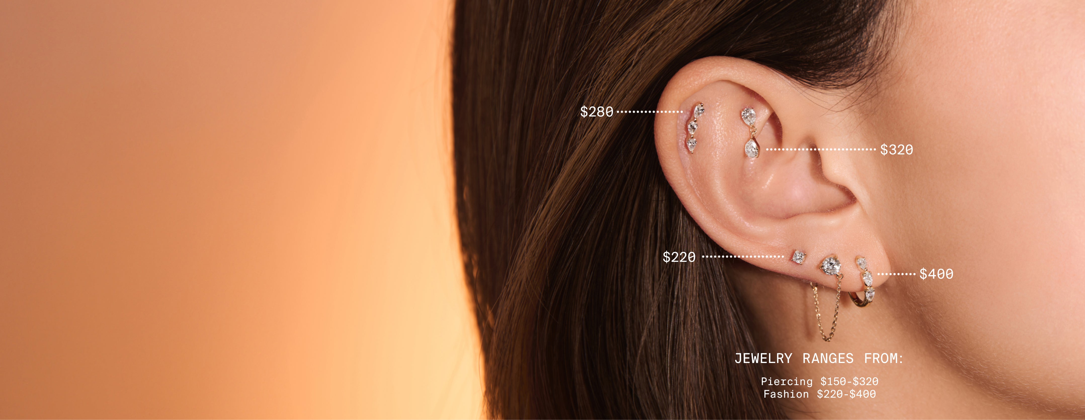 Close-up of an ear adorned with multiple earrings, prices marked for each piece of jewelry.