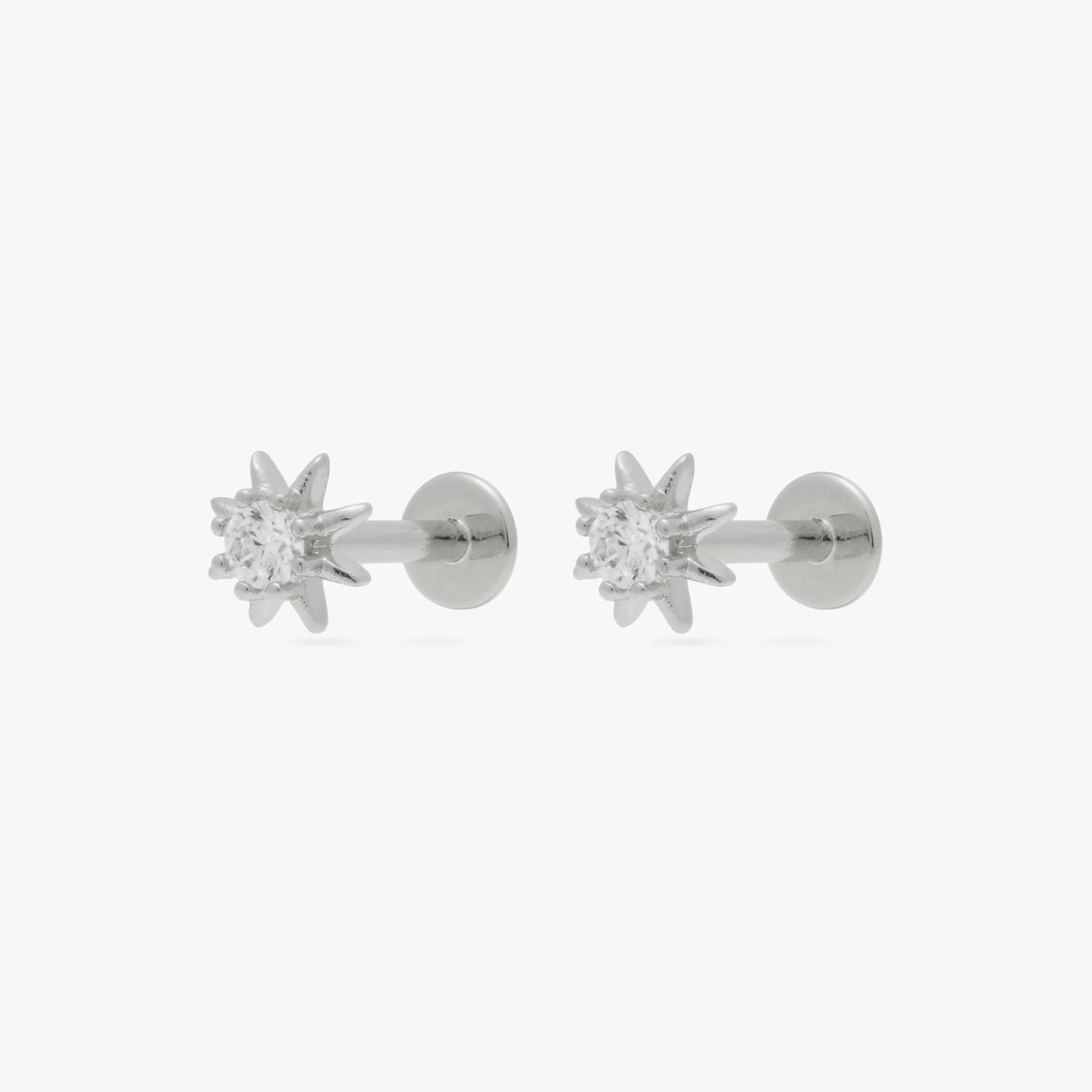 A silver starburst stud with a clear cz and flatback post [pair] color:null|silver/clear