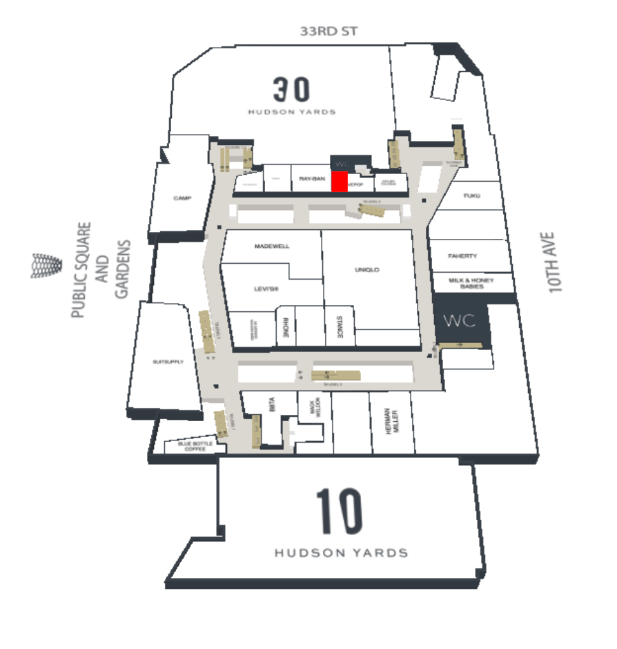 A mall map indicating where the STUDS store is in the Hudson Yards mall.