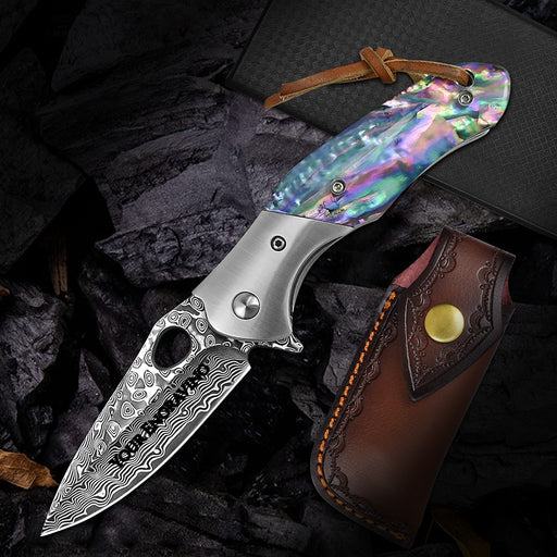 Damascus Folding Knife Abalone Shell Handle VP26