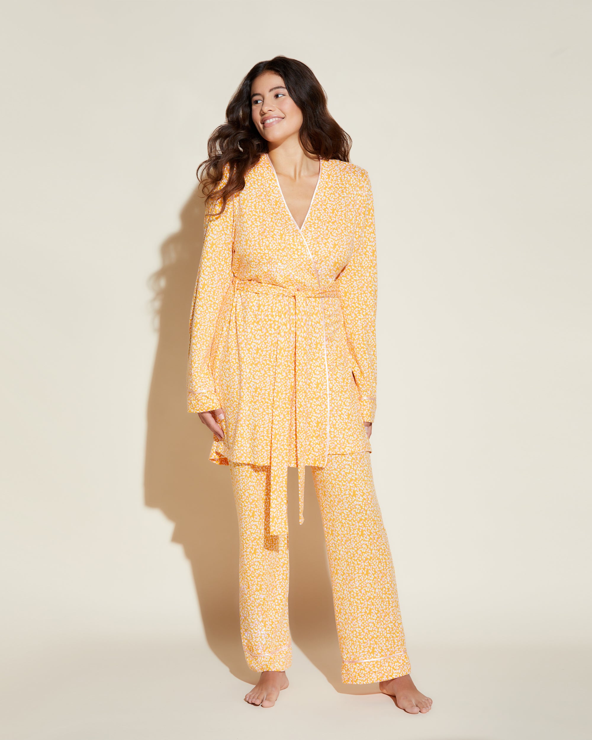 Cosabella Women's Bella Printed Curvy Cami Pajama, Pant & Robe Pajama Set, Orange, Large, Cotton Set